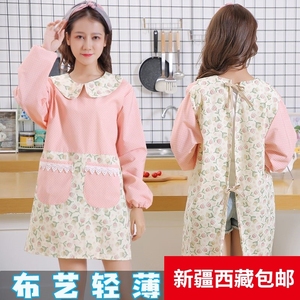 夏季韩版围裙透气薄款短款小个子家用厨房做饭带袖工作服长袖罩衣