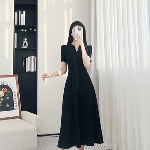拉夏贝尔夏季黑色连衣裙女气质通勤修身正式场合高端精致无袖长裙