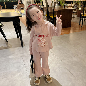 女童套装春秋季新款2024韩版洋气女宝宝兔子连帽卫衣喇叭裤两件套