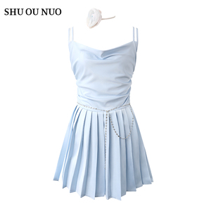 【现货】「星空之诺」原创蓝色吊带百褶短裙女夏季新款连衣裙