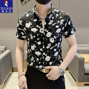 啄木鸟夏季男士印花短袖衬衫韩版修身潮流帅气花衬衣时尚寸衫上衣