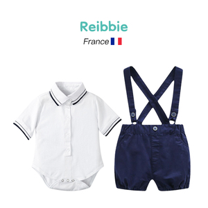 法国Reibbie周岁礼服男宝宝夏男童一岁生日背带裤短袖套装小西装