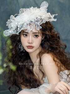 喜品新法式优雅超仙气蕾丝花朵礼帽韩式新娘婚纱造型头饰白色帽饰