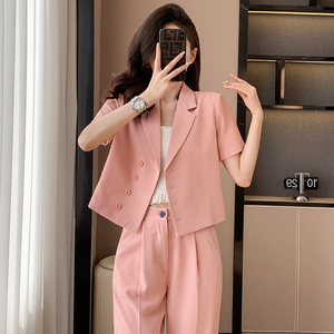 粉色小香风西装外套女短袖夏季2024新款小个子休闲西服套装高级感