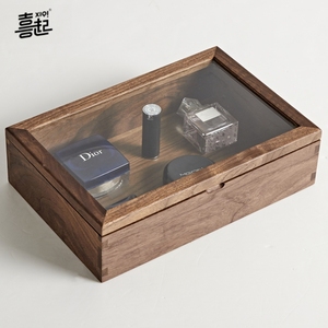 喜起黑胡桃实木桌面防尘收纳盒透明玻璃展示盒木质首饰标本陈列盒