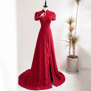 旗袍敬酒服新娘高级感酒红色中式蕾丝高端小拖尾订婚宴会晚礼服裙