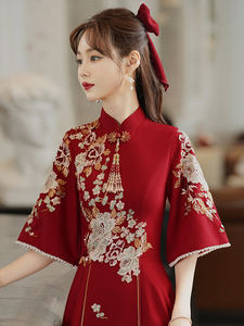 旗袍敬酒服新娘中式红色2023新款夏小个子结婚气质礼服立领秀禾服