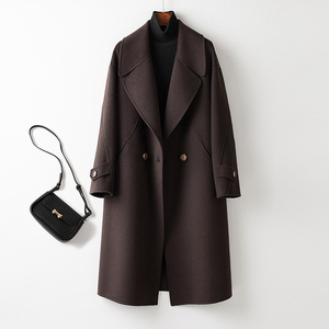 褐色双面羊绒大衣女中长款2023新款冬季双面绒西装领高端呢子外套