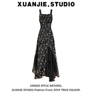 XUANJIE 春夏新款设计感不规则黑色碎花蕾丝拼接裙显瘦吊带连衣裙