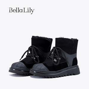 BellaLily新款贝壳头加绒雪地靴女羊毛中筒靴厚底时尚时装靴