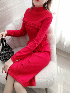 红色毛衣裙中长款气质过膝系带纯色修身显瘦加厚针织连衣裙女秋冬