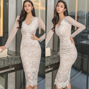 0436#2022春装新款韩版性感气质V领修身中长款蕾丝包臀时尚连衣裙
