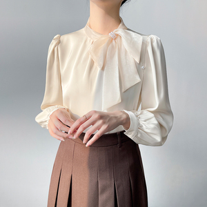韩帛雅高级感缎面衬衫女设计感小众衬衣法式气质欧根纱蝴蝶结上衣