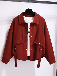 酒红色蝙蝠长袖衬衫外套女薄款初春秋季2024新款宽松时尚洋气上衣