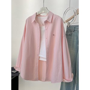 粉色衬衫女2024春装新款韩版宽松显瘦字母慵懒风长袖衬衣外套上衣