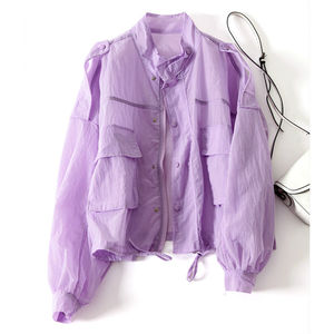 工装外套女夏季宽松韩版2024新款紫色长袖薄款防晒衣短版棒球服女