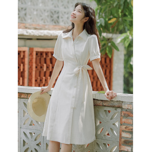 法式白色连衣裙女夏新款小个子森系气质POLO领面试收腰衬衫长裙子