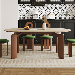 2024新款复古实木岩板餐桌现代简约椭圆形家用饭桌一桌四六椅组合