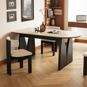 2024新款复古实木岩板餐桌长方形家用饭桌一桌四六椅组合现代简约