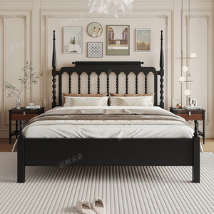 法式复古温莎床红橡木实木床美式简约1.8米双人主卧床黑色中古风