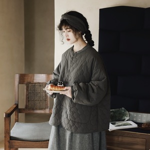 日系女装文艺复古葫芦格蓬蓬外套女秋冬宽松夹棉森系甜美纯色棉服