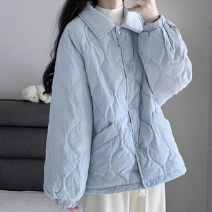蓝色夹棉加厚菱格棉服女2024新款冬季小个子加厚棉袄棉衣冬装外套