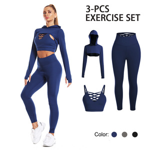 新款跨境瑜伽服套装健身户外跑步提臀收腰裤运动三件套装厂家