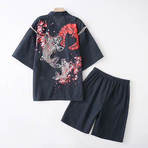 夏季 日式纯棉家居服男士和服甚平浴衣短袖睡衣套装温泉汗蒸服