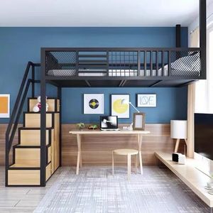 loft高架床上床下空带书桌隔空悬空床复式二楼床单上层下面是书桌