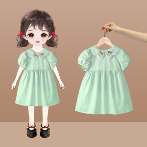 女童连衣裙2024夏季新款女宝宝洋气时尚甜美小童裙子绿色纯棉短袖