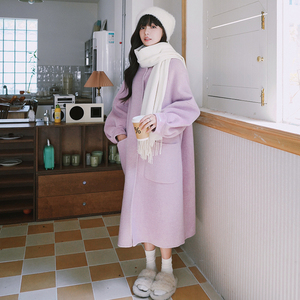 粉紫色双面羊绒大衣女2023秋冬新款韩版宽松轻熟风气质羊毛呢外套