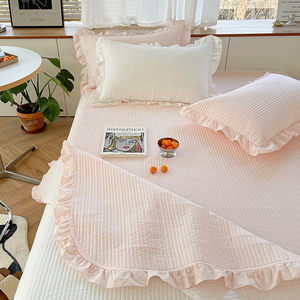 韩版荷叶花边纯棉床盖三件套粉色公主风绗缝被单全棉加厚夹棉床单