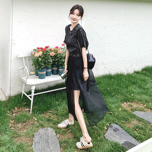 黑色小香风连衣裙套装夏季女2024新款韩系宽松显瘦网纱裙两件套潮