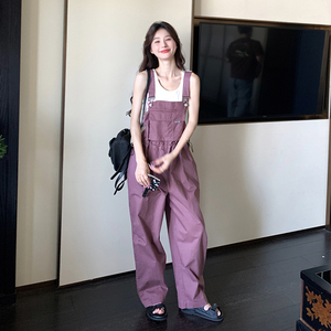 紫粉奶系工装背带裤女2023夏季新款韩版小个子休闲阔腿直筒连体裤