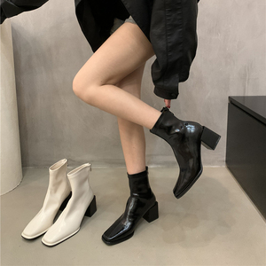 韩版百搭白色切尔西女靴短筒靴法式瘦瘦裸靴春夏季配裙子高跟短靴