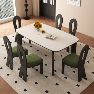 法式复古餐桌家用小户型长方形岩板饭桌黑色中古风白蜡木实木桌子