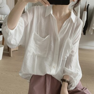 日本代购SLY灯笼袖衬衫女式夏季七分袖宽松大码显瘦蝙蝠型防晒衫