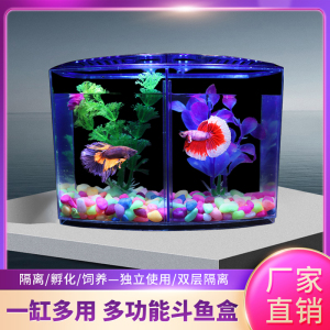 泰国斗鱼缸亚克力双格套装国斗桌面双缸鱼缸小型迷你塑料斗鱼盒小