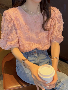 欧货玫瑰花瓣蕾丝衬衫女夏季设计感小众法式上衣泡泡袖小个子衬衣