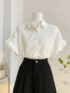 白色翻领喇叭袖棉麻衫甜美短袖衬衫女夏季设计感小众洋气小衫上衣