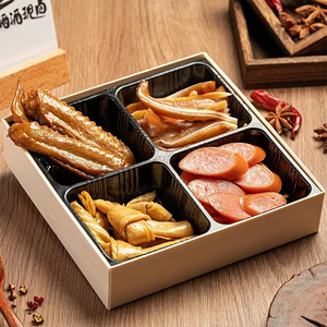 一次性木质鸭货卤味打包盒露营拼盘包装盒四宫格烤肉食材外卖包装
