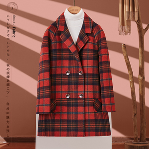 红色格子双面呢大衣女韩版小个子羊毛呢西装外套秋冬季新款2023年