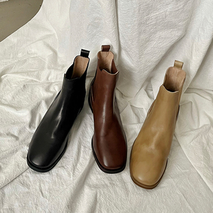 zachpeng新款短靴女复古真皮做旧擦色马丁靴舒适平底黑色粗跟裸靴