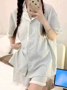 韩系网红风ins2024年夏季新款睡衣女短袖短裤少女花边棉麻家居服
