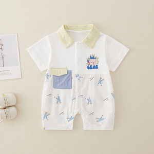 婴儿衣服夏季男宝宝卡通连体衣纯棉短袖六个月新生儿夏天外出爬服