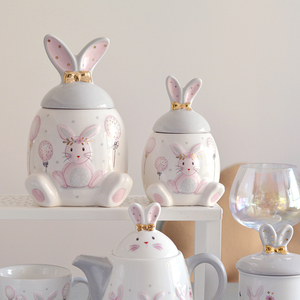 兔年新品可爱兔子陶瓷储物罐ins家居氛围感描金糖果罐创意零食罐