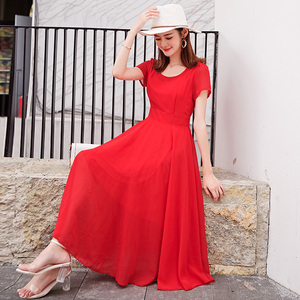 雪纺连衣裙女2019新款夏季气质大码很仙的红色仙女裙夏天流行裙子