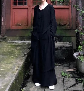 【棉麻·松烟】黑色新中式圆领盘扣套装汉服禅意中国风茶艺茶服