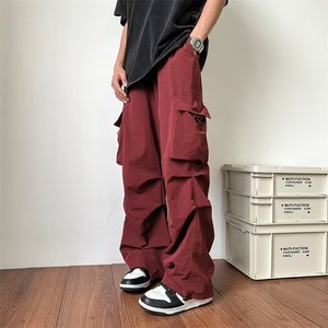 美式复古工装裤男街头潮牌嘻哈hiphop街舞裤子褶皱直筒宽松薄裤子