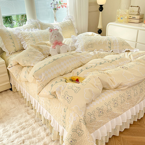 韩版少女公主风纯棉全棉四件套加厚夹棉床盖床单花边被套床上用品